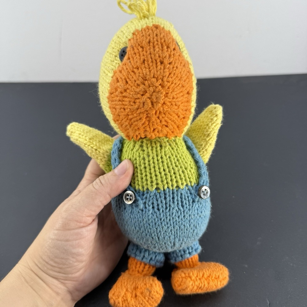 Hand Knit Duck Plush Doll Blue Overalls Button Eyes Handmade Style 10"